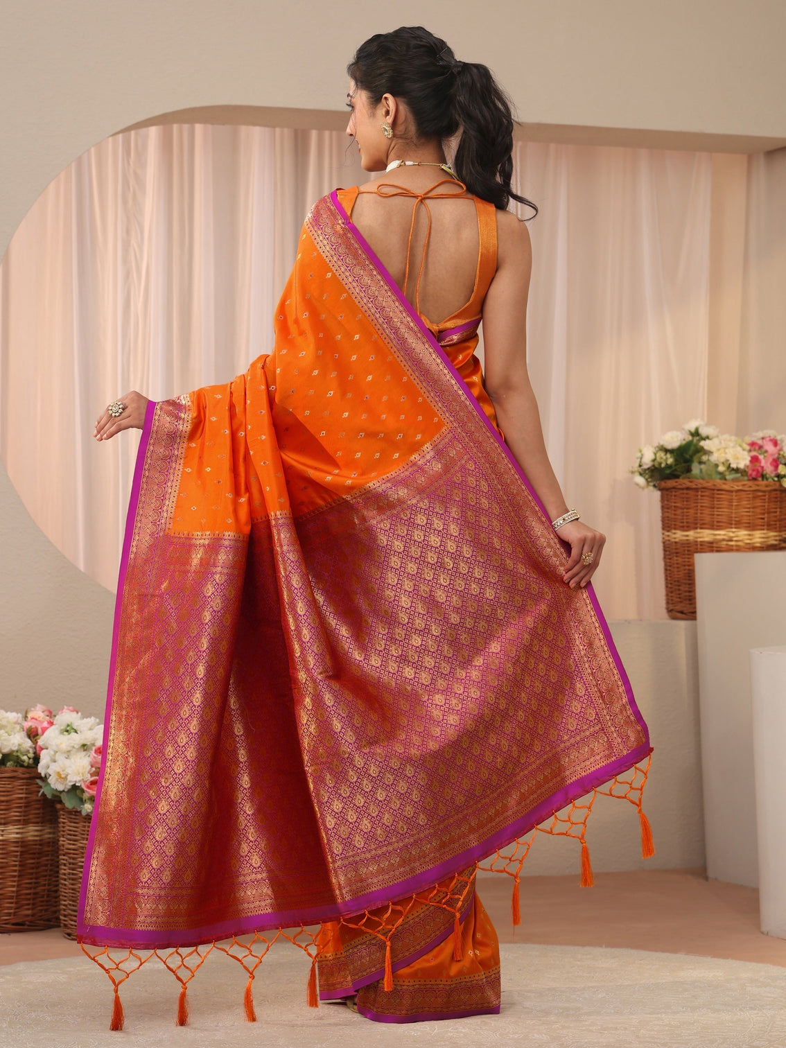 Mameraa Orange Kanjeevaram Silk Blend Saree