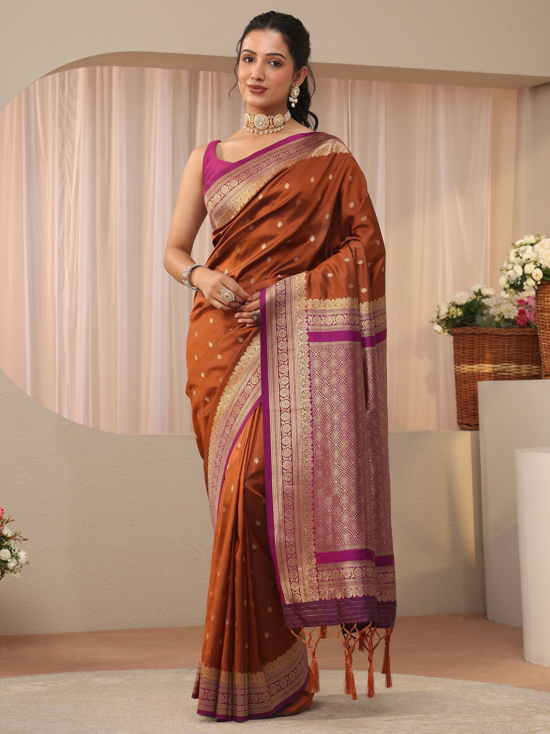 Mameraa Rust Kanjeevaram Silk Blend Saree