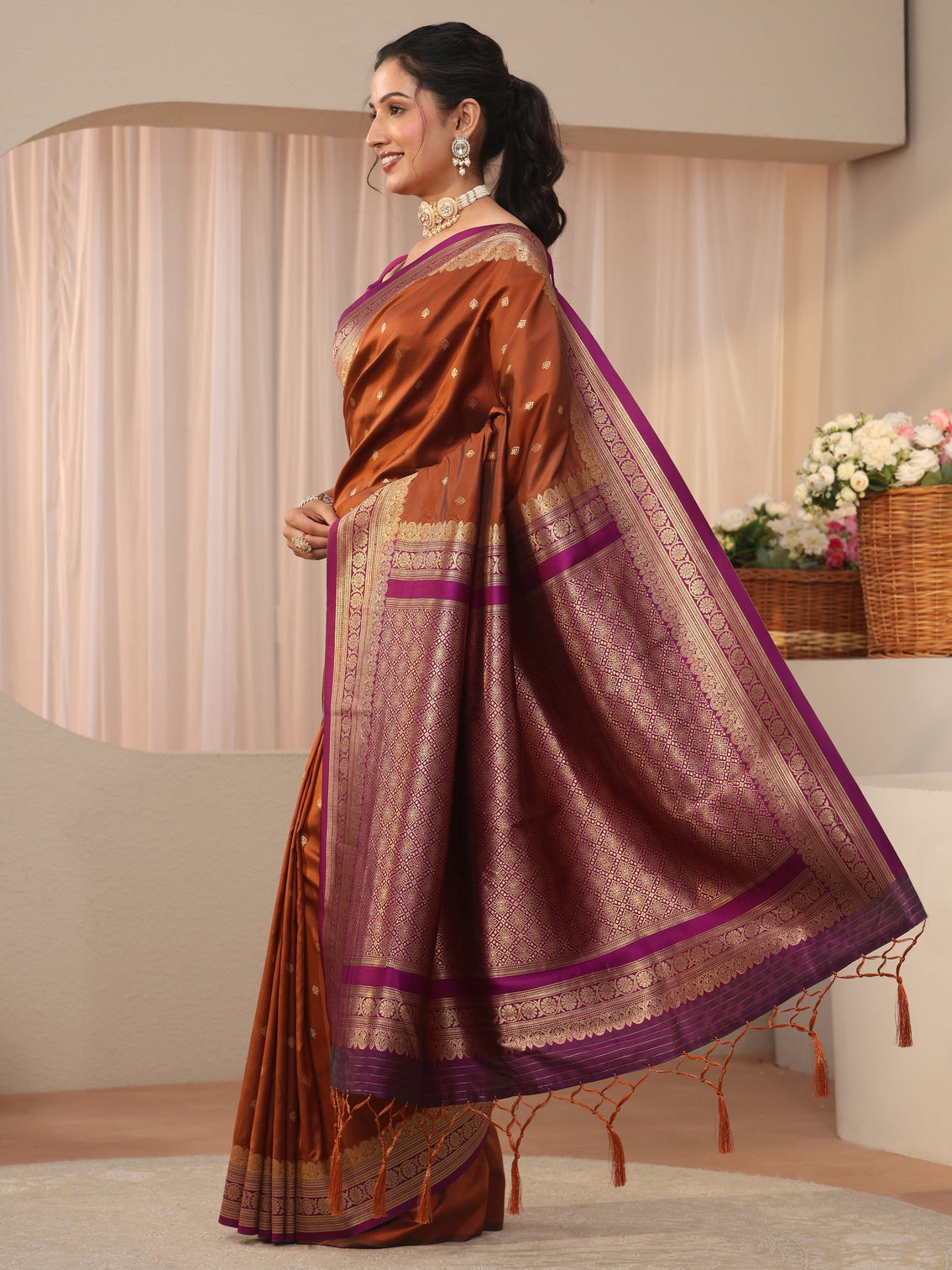 Mameraa Rust Kanjeevaram Silk Blend Saree