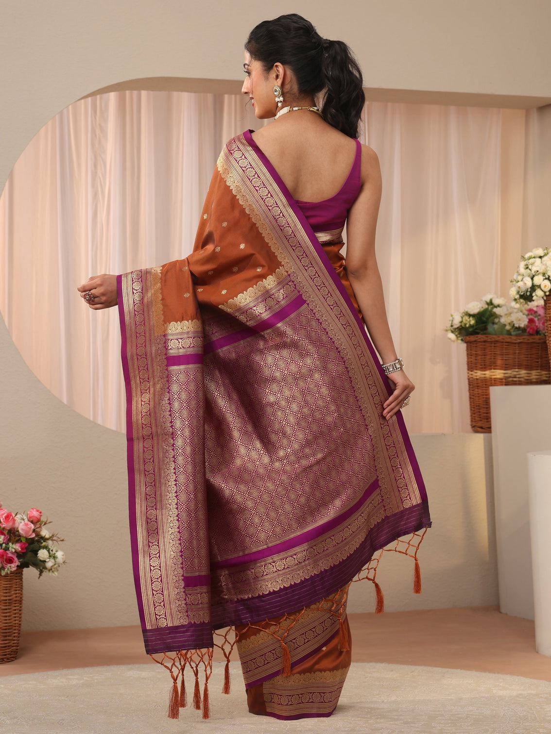 Mameraa Rust Kanjeevaram Silk Blend Saree