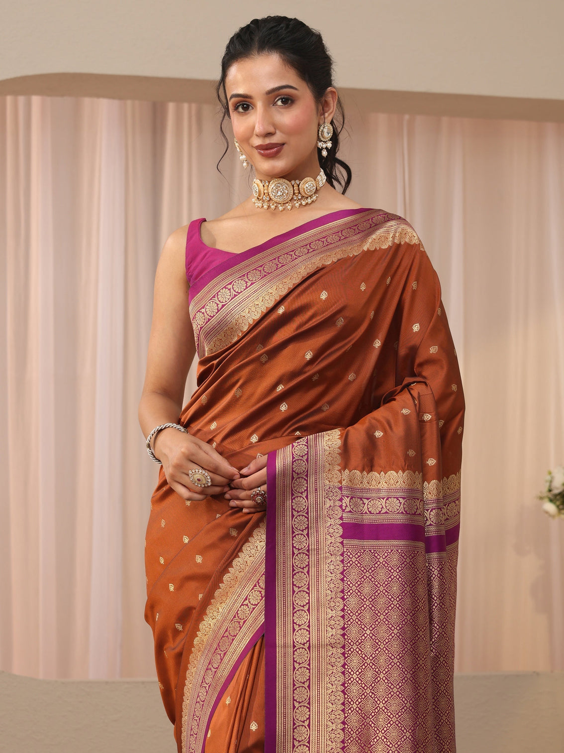 Mameraa Rust Kanjeevaram Silk Blend Saree