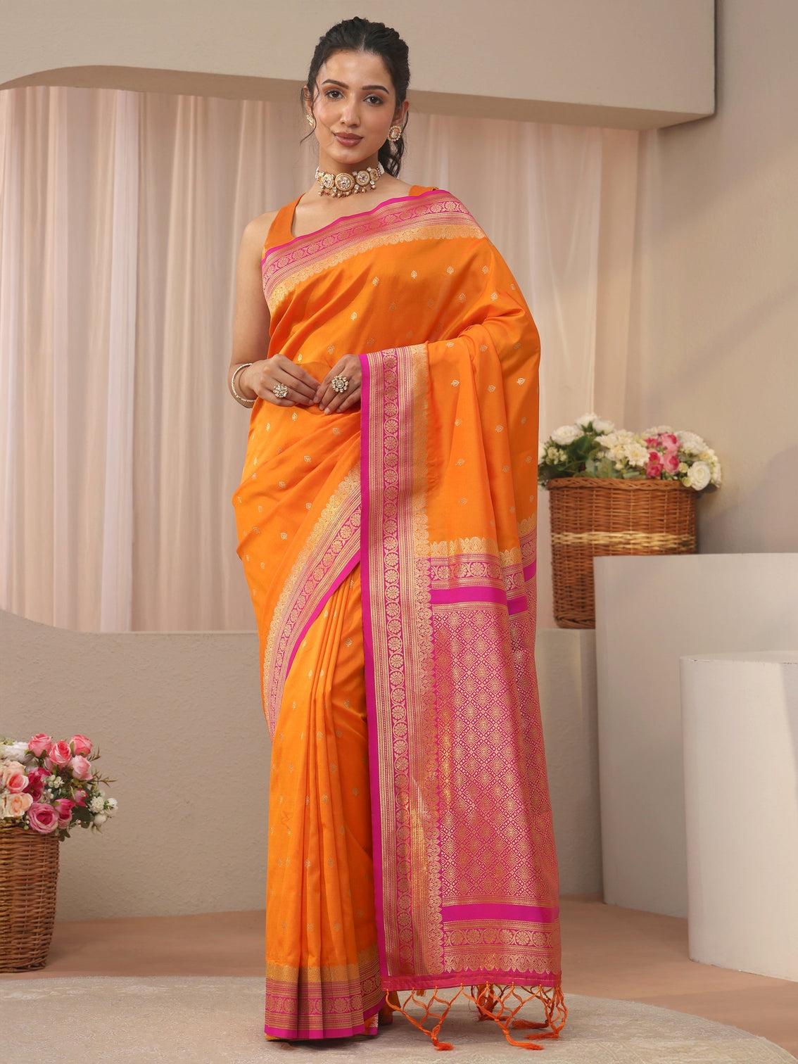 Mameraa Orange Kanjeevaram Silk Blend Saree