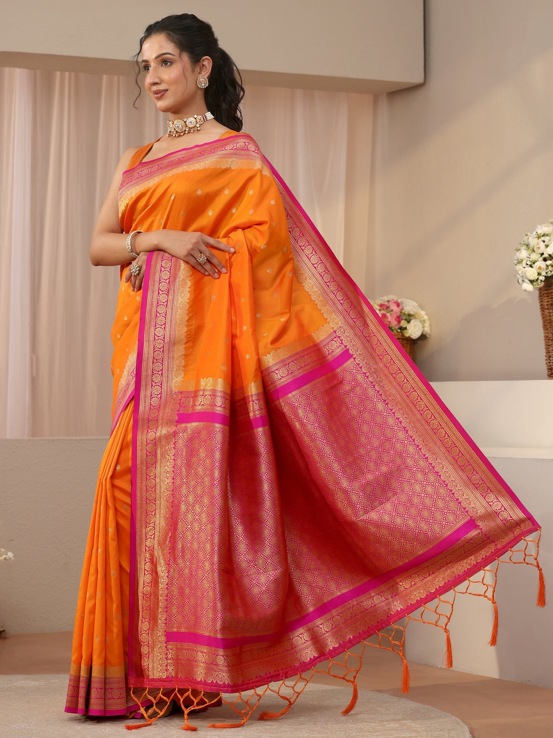 Mameraa Orange Kanjeevaram Silk Blend Saree