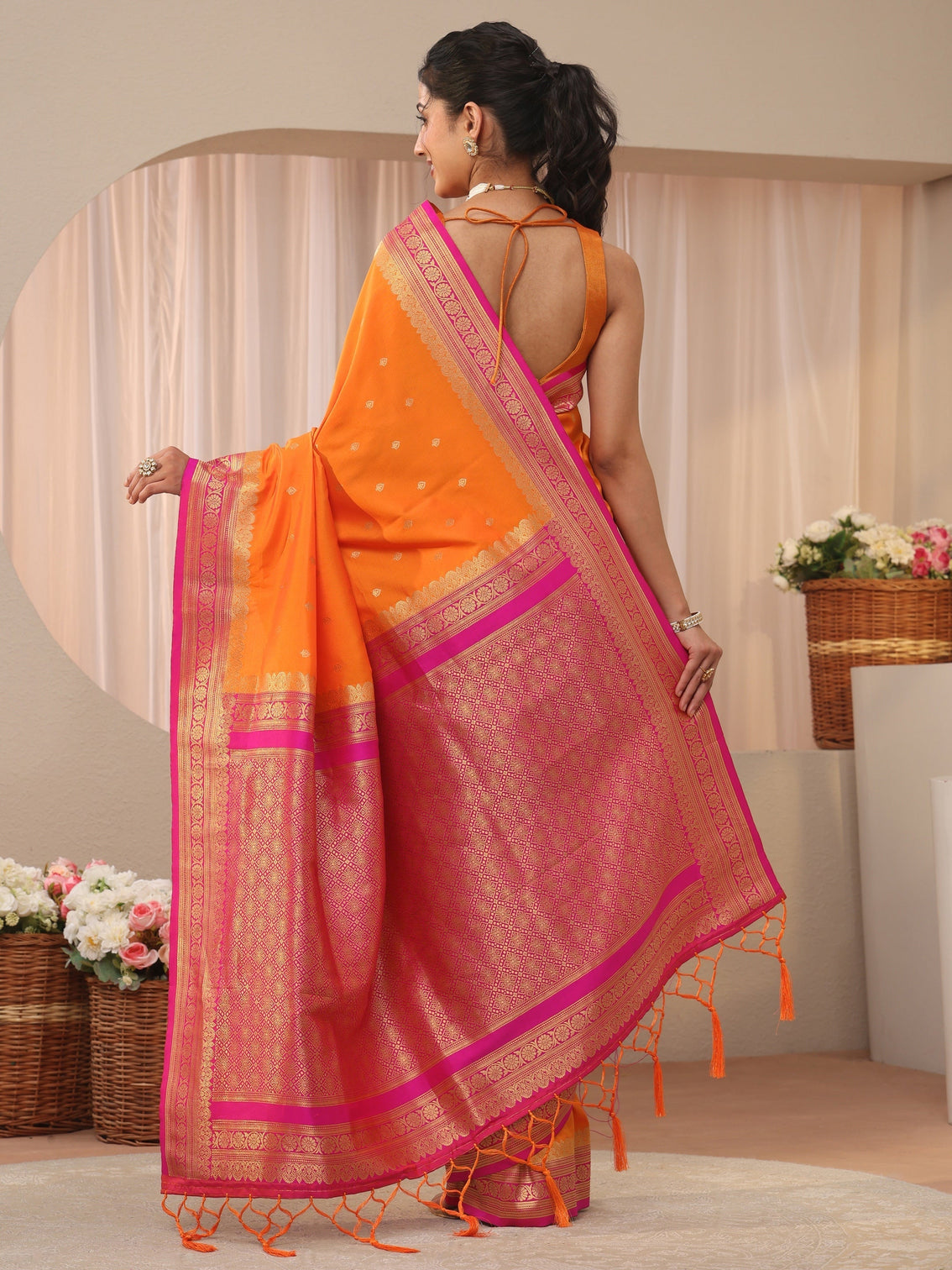 Mameraa Orange Kanjeevaram Silk Blend Saree