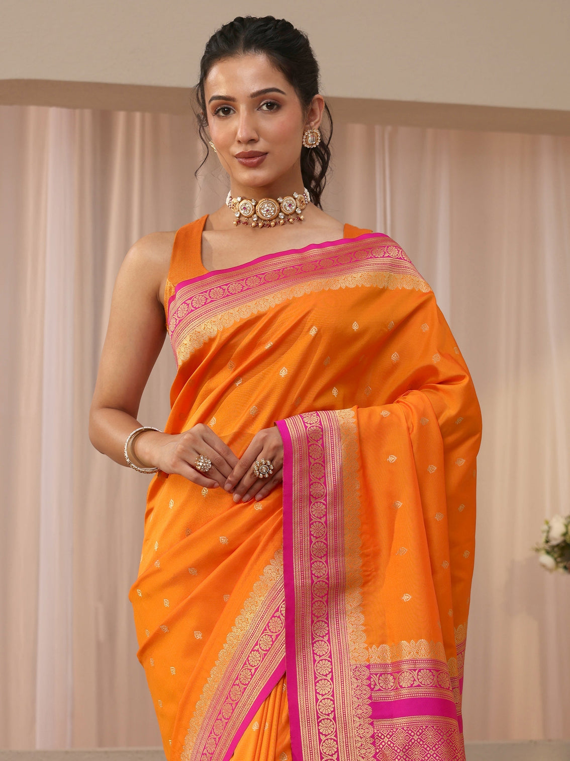 Mameraa Orange Kanjeevaram Silk Blend Saree