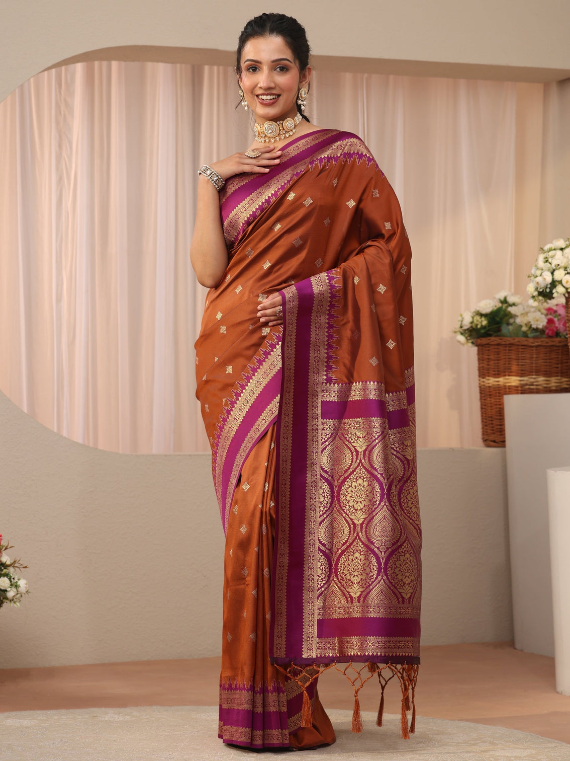 Mameraa Rust Kanjeevaram Silk Blend Saree
