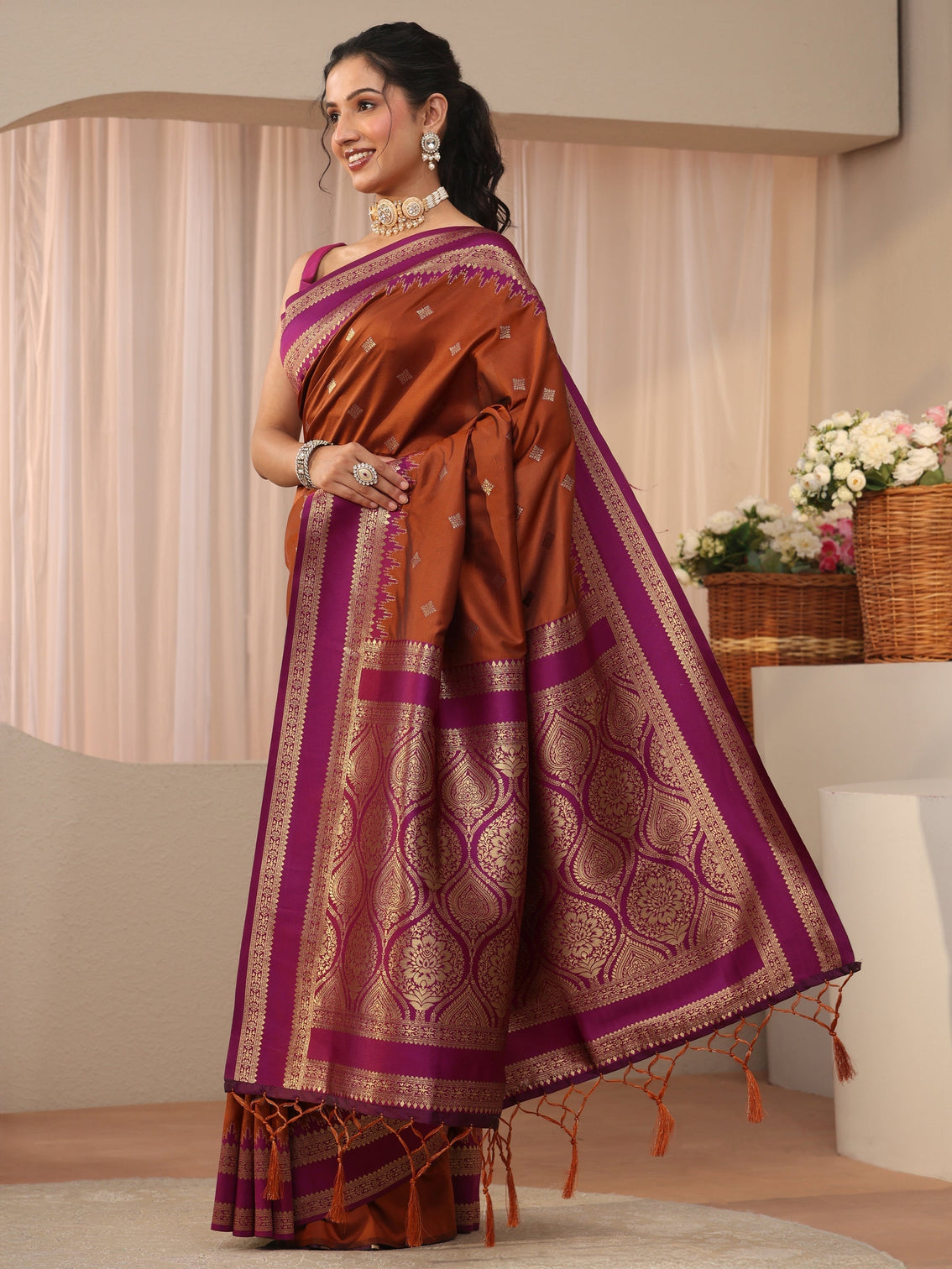 Mameraa Rust Kanjeevaram Silk Blend Saree