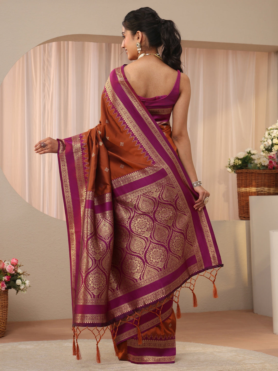Mameraa Rust Kanjeevaram Silk Blend Saree