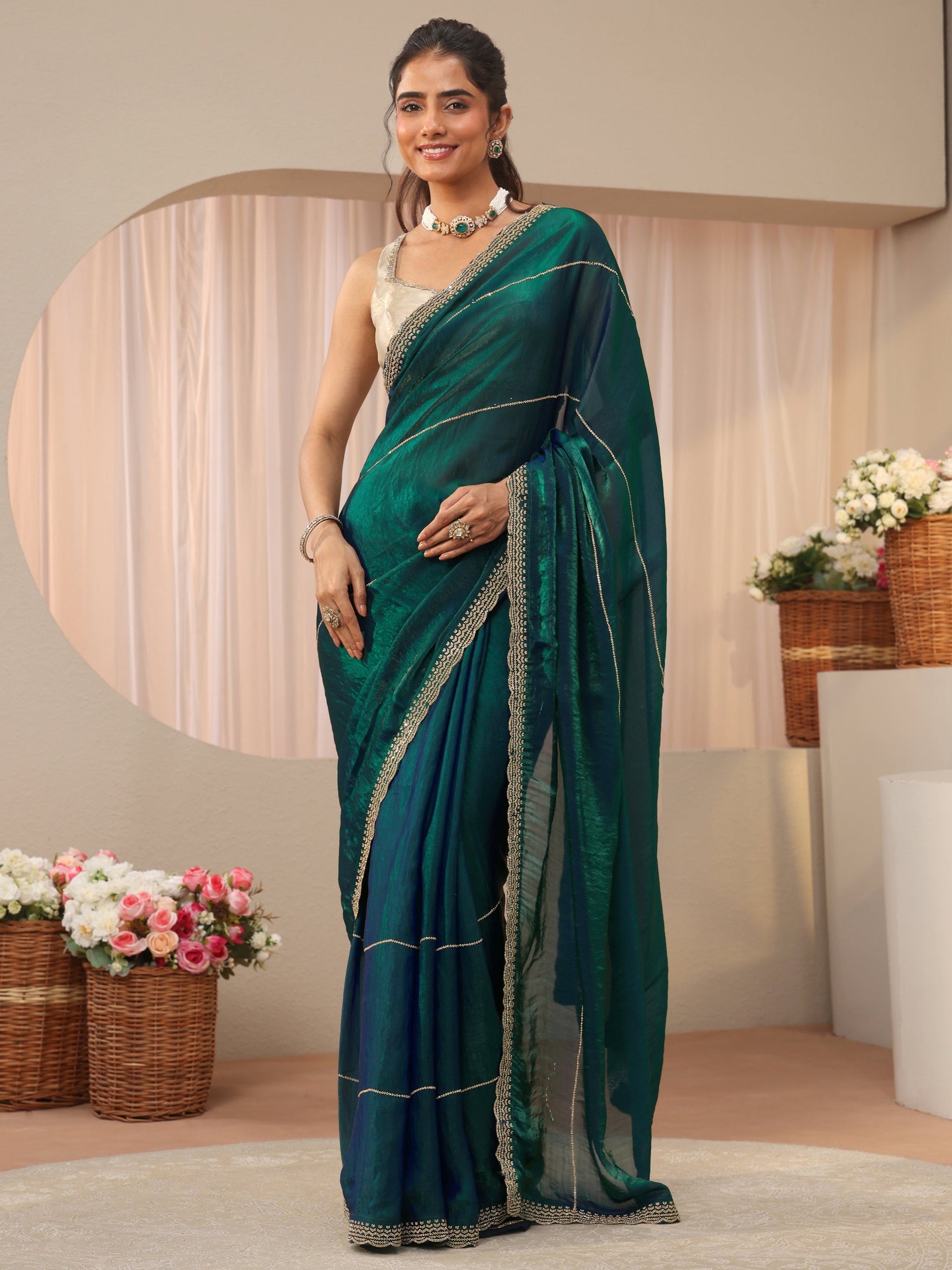 Libas Green Embellished Tissue Saree