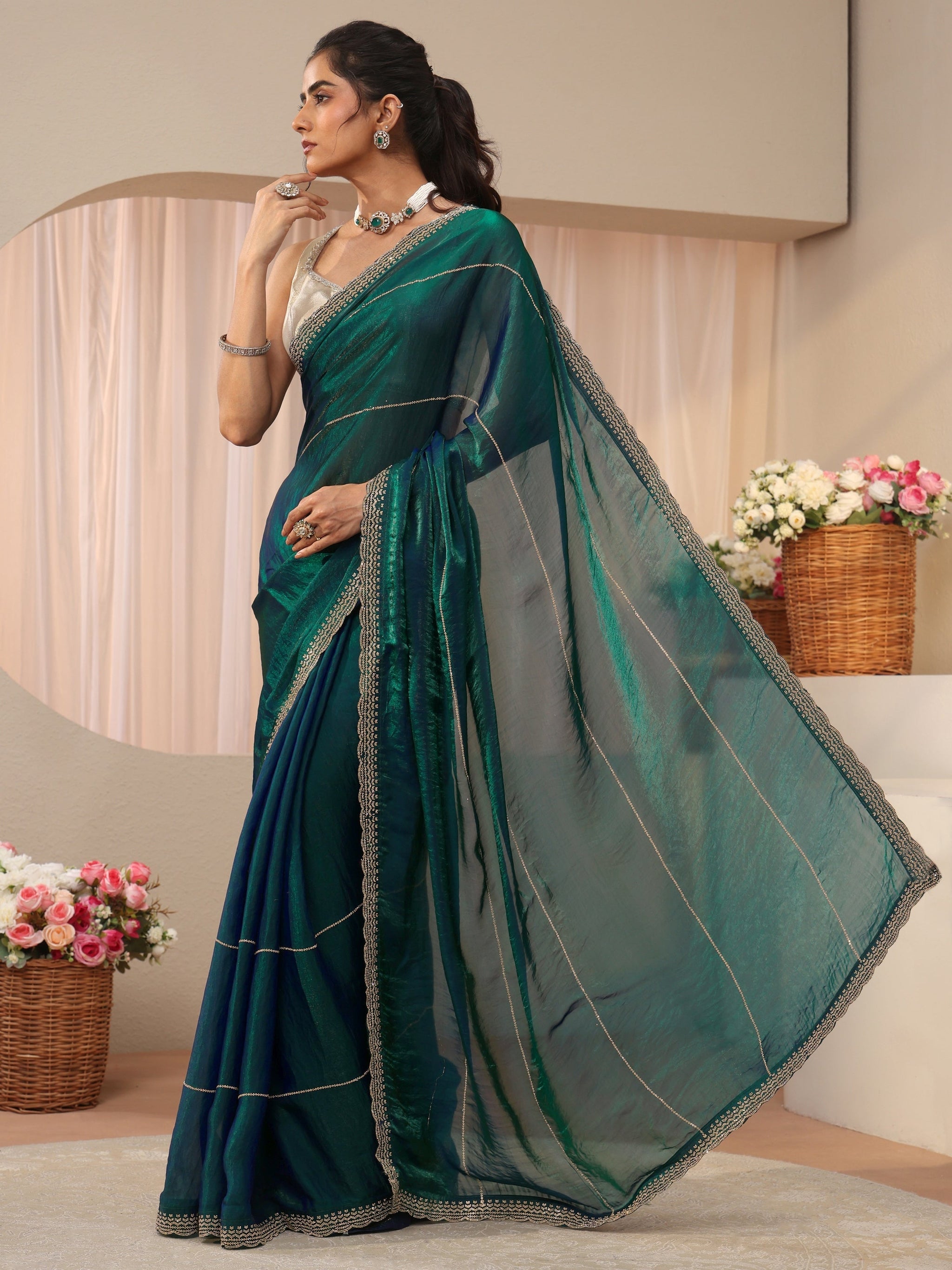 Libas Green Embellished Tissue Saree