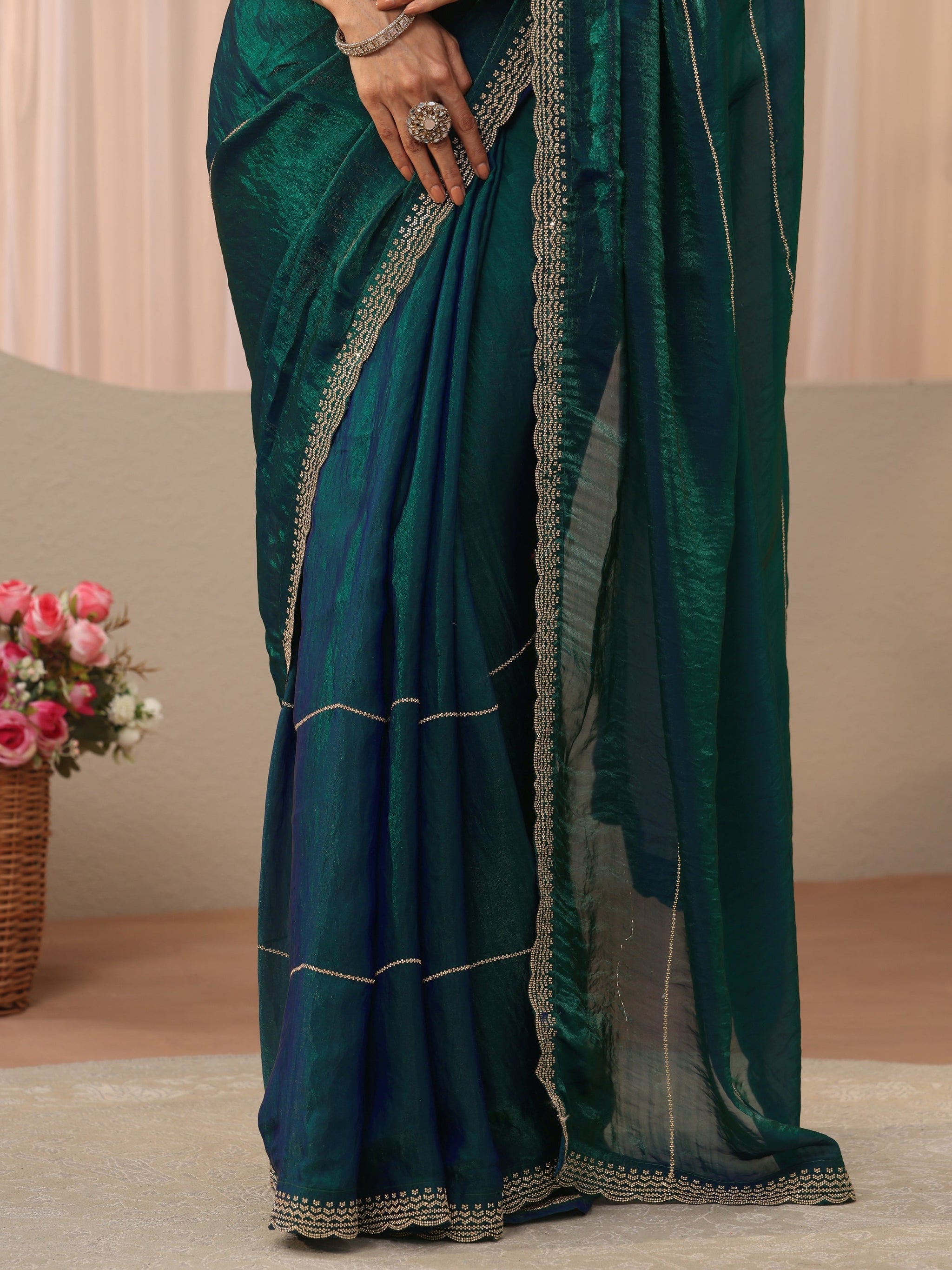Libas Green Embellished Tissue Saree