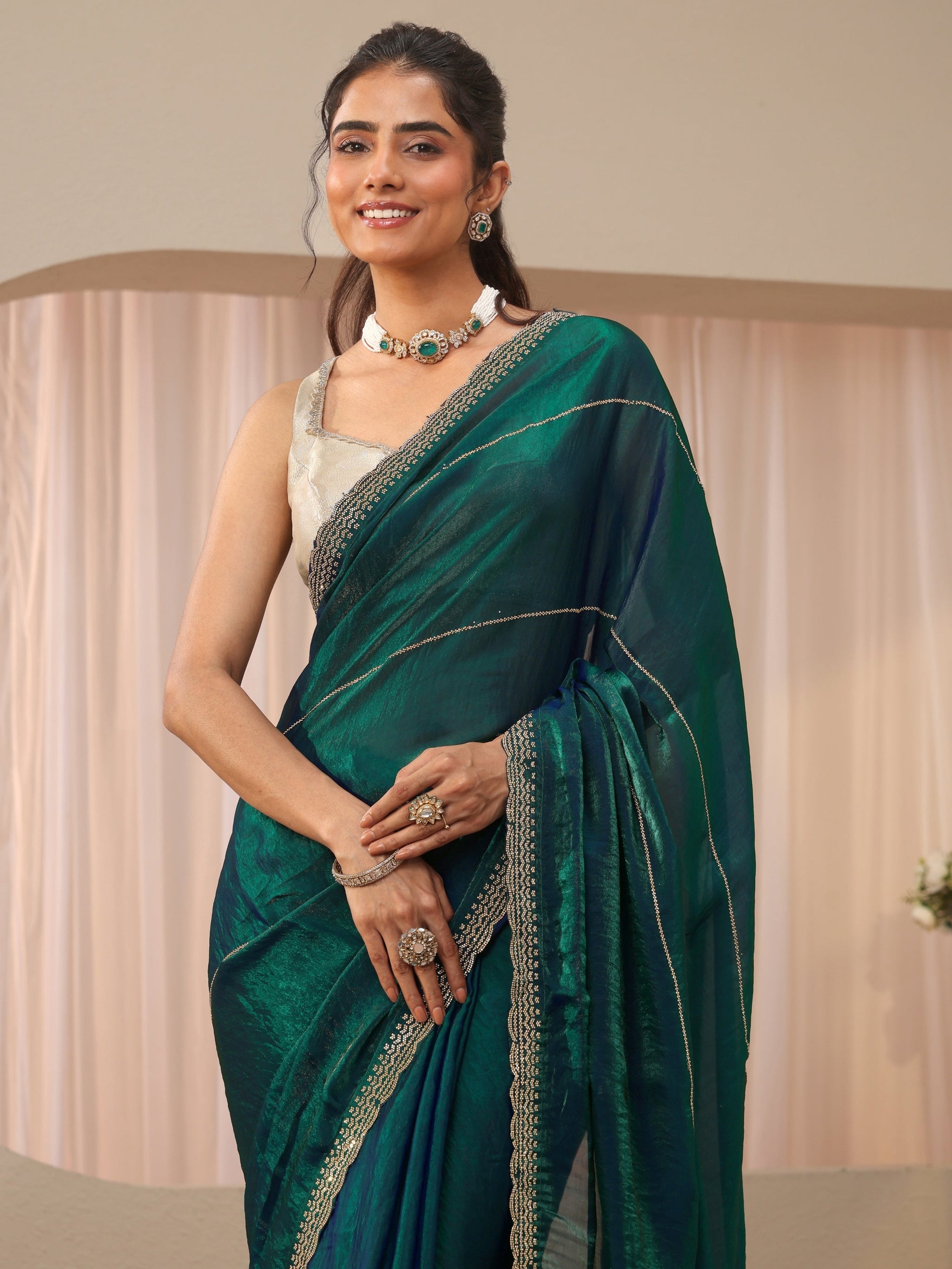 Libas Green Embellished Tissue Saree