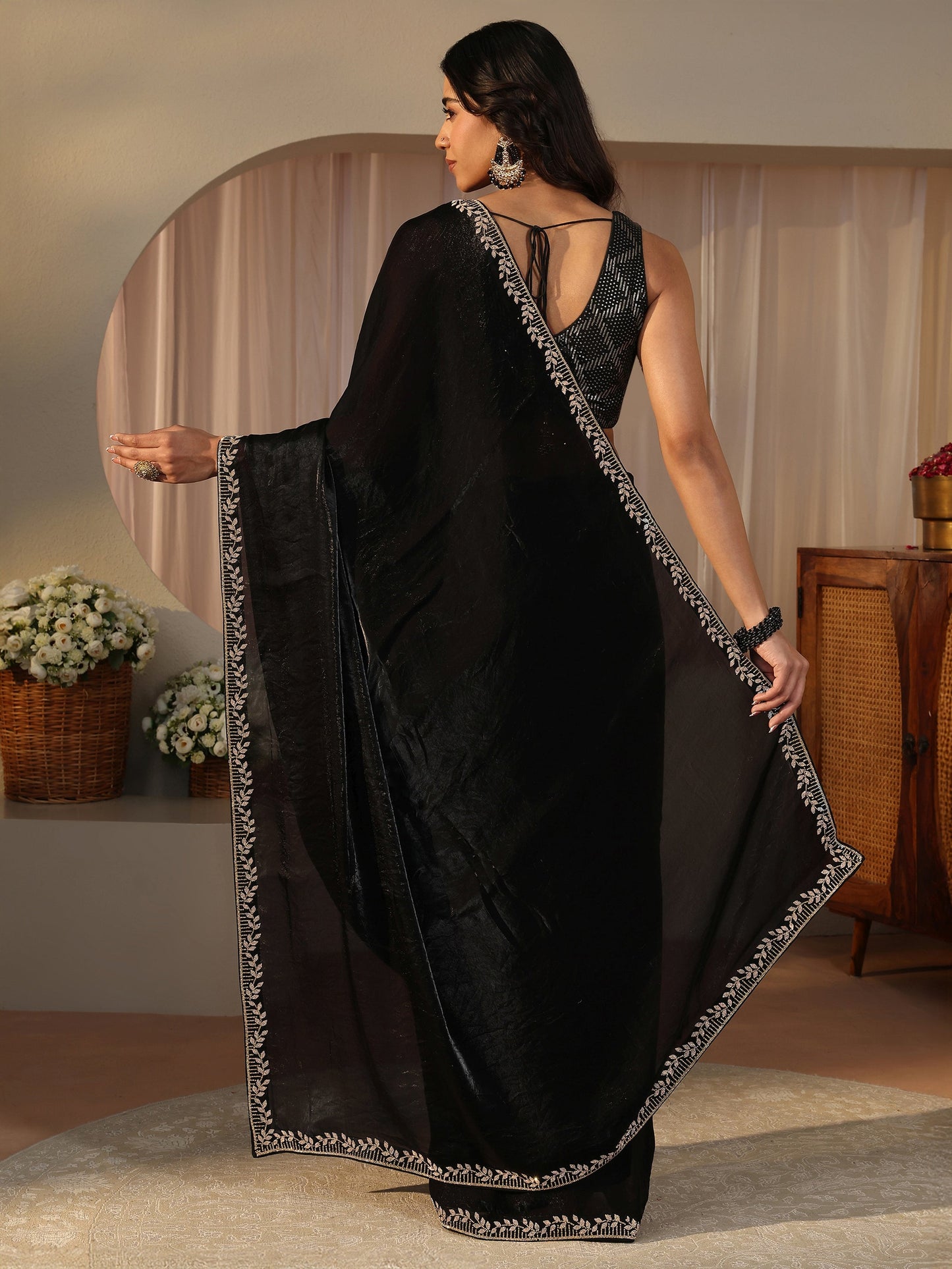 Libas Black Embellished Tissue Saree