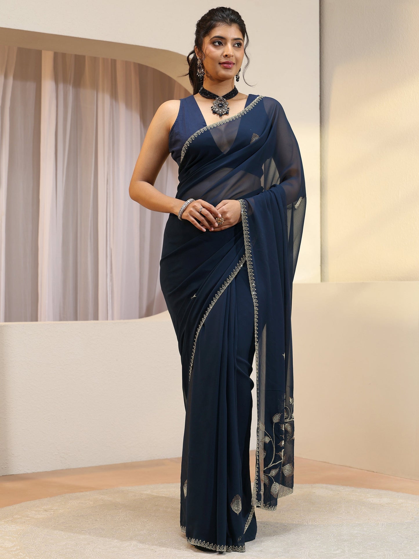 Libas Navy Georgette Saree With Floral Embellished Pallu