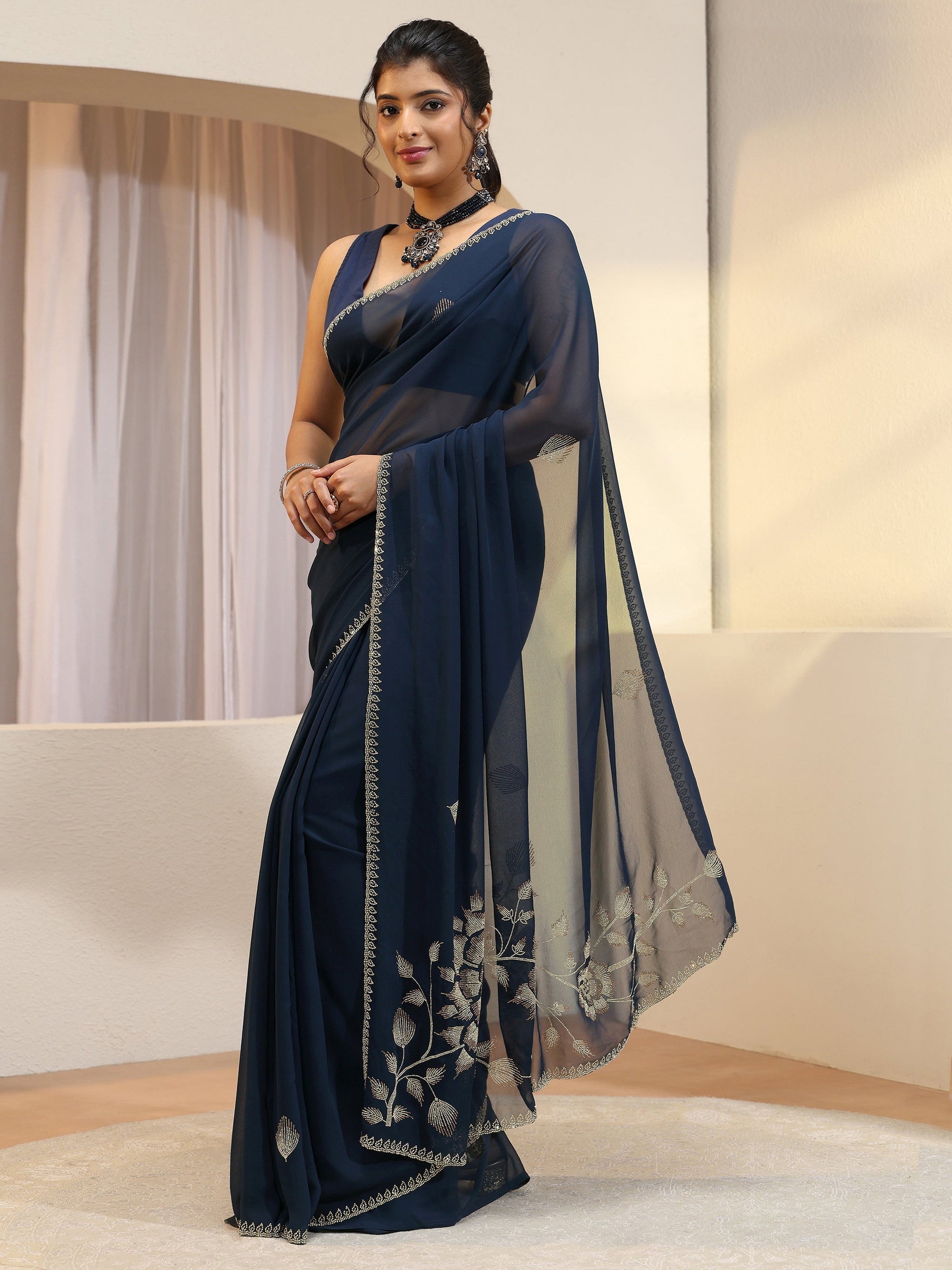 Libas Navy Georgette Saree With Floral Embellished Pallu