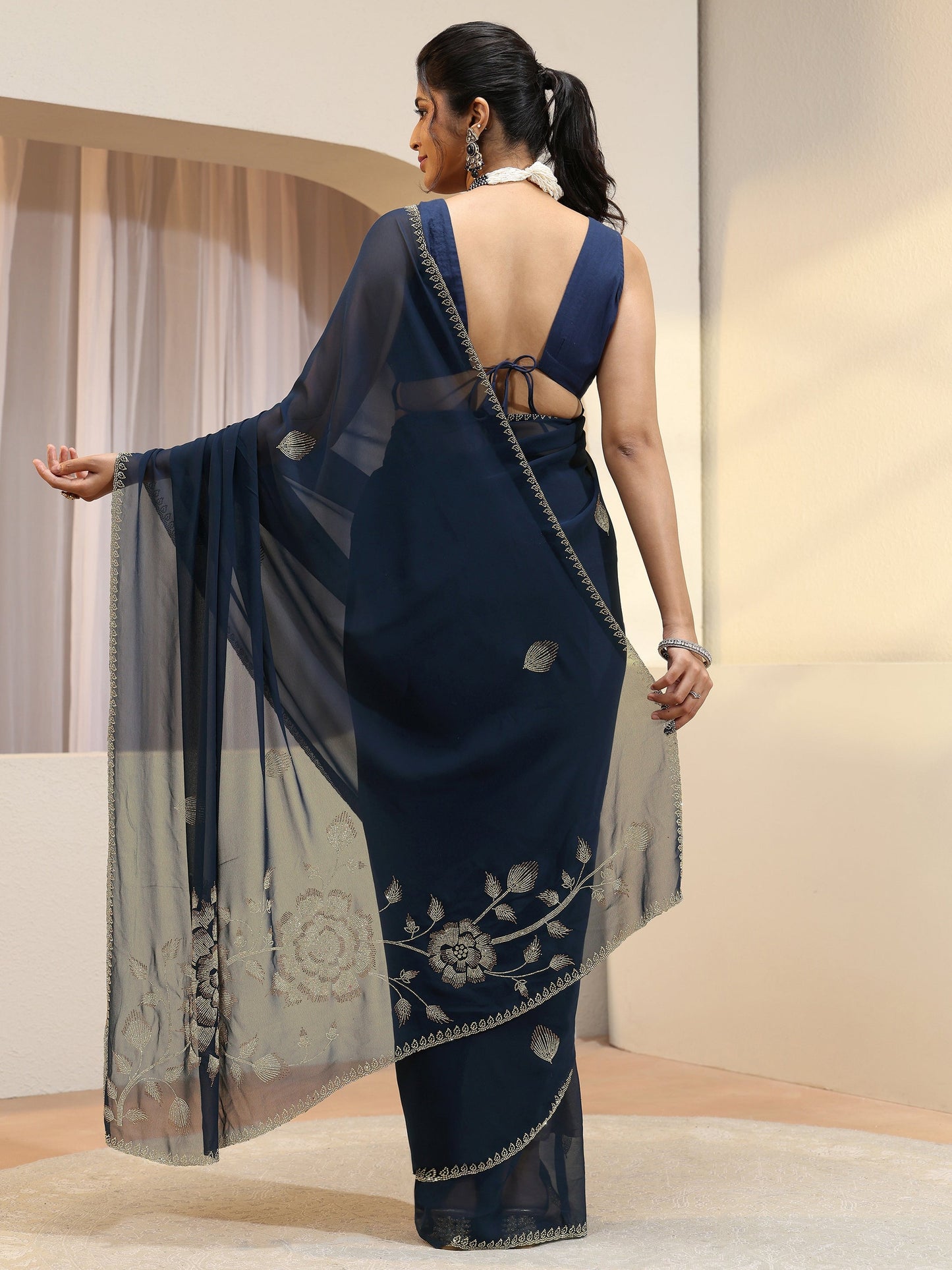 Libas Navy Georgette Saree With Floral Embellished Pallu