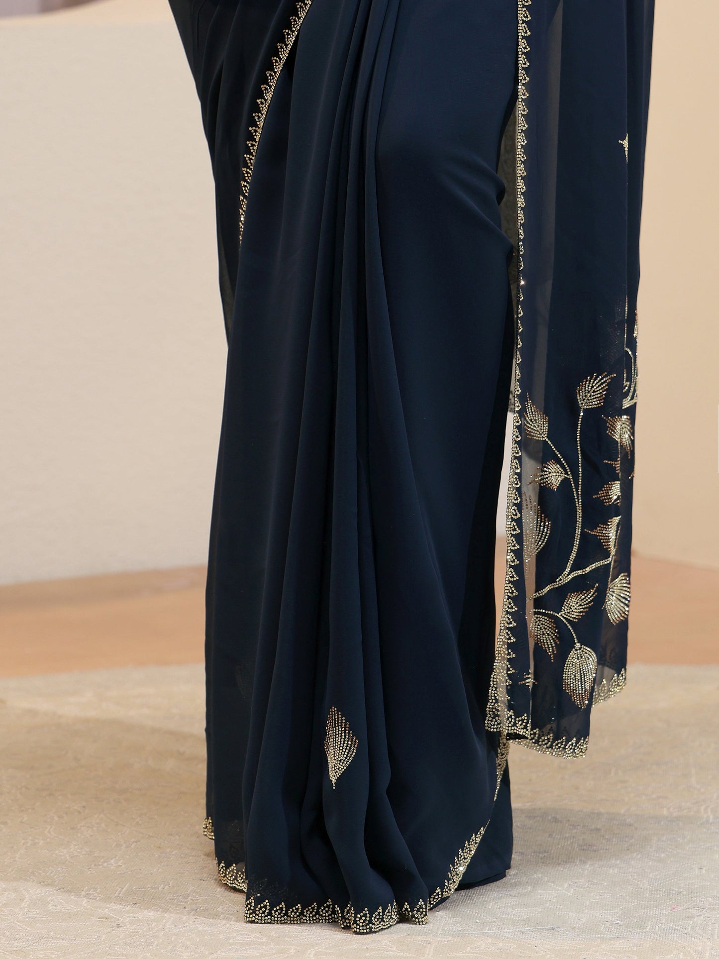 Libas Navy Georgette Saree With Floral Embellished Pallu