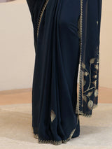 Libas Navy Georgette Saree With Floral Embellished Pallu