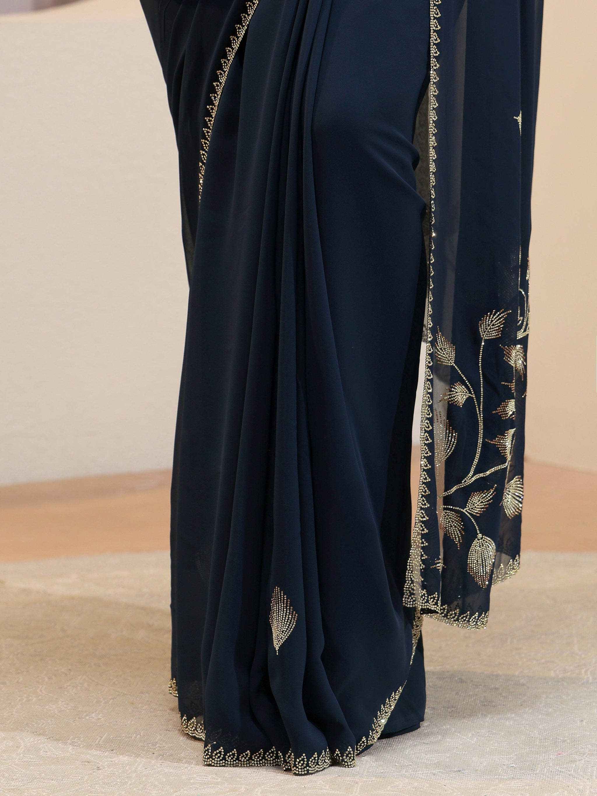Libas Navy Georgette Saree With Floral Embellished Pallu