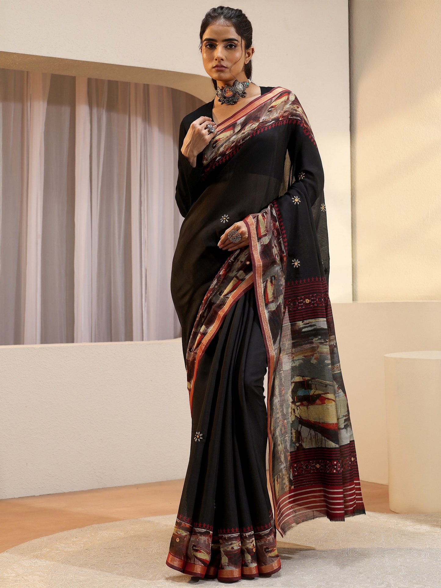Libas Black Abstract Art Print Silk Blend Saree