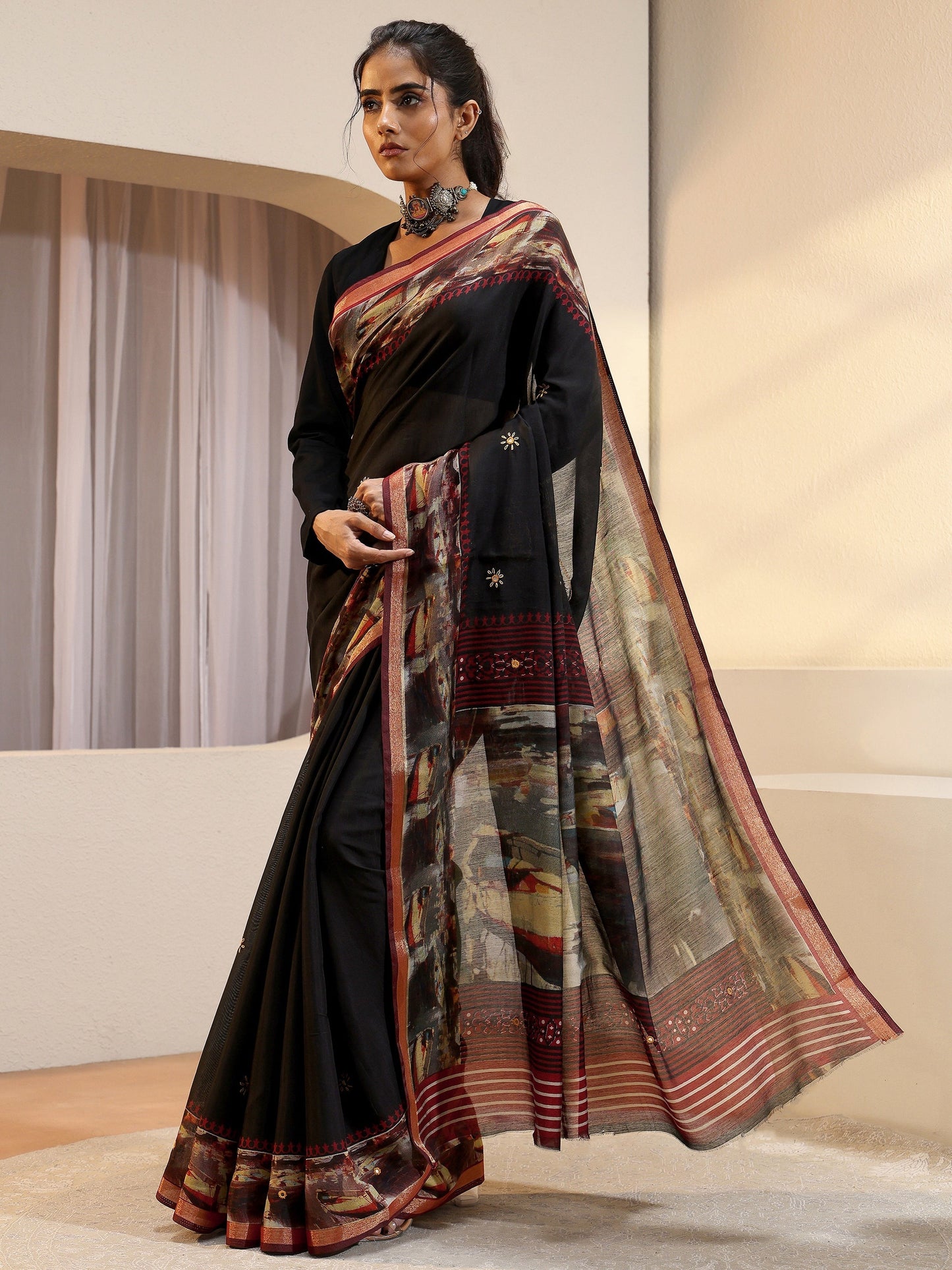 Libas Black Abstract Art Print Silk Blend Saree