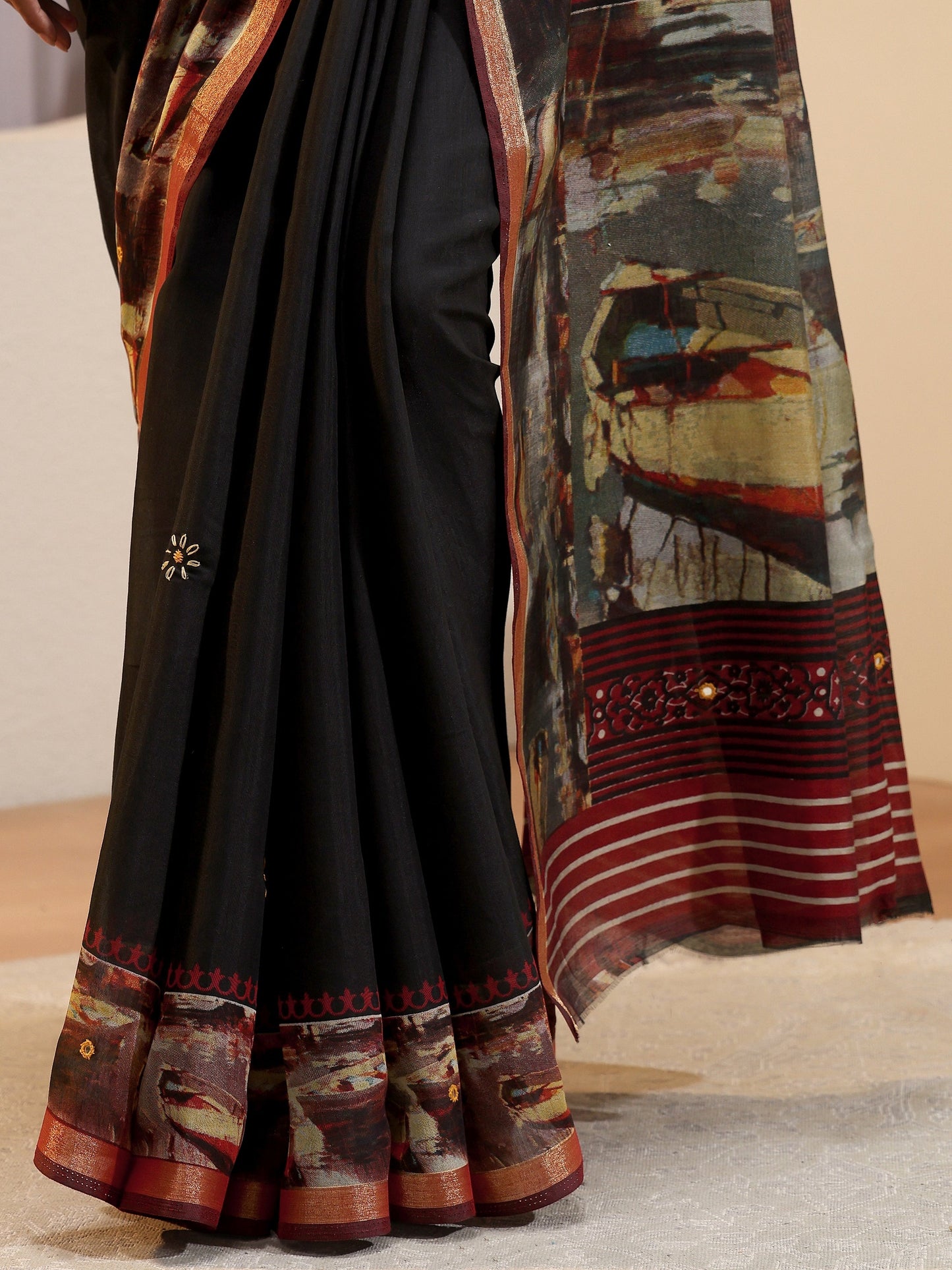 Libas Black Abstract Art Print Silk Blend Saree