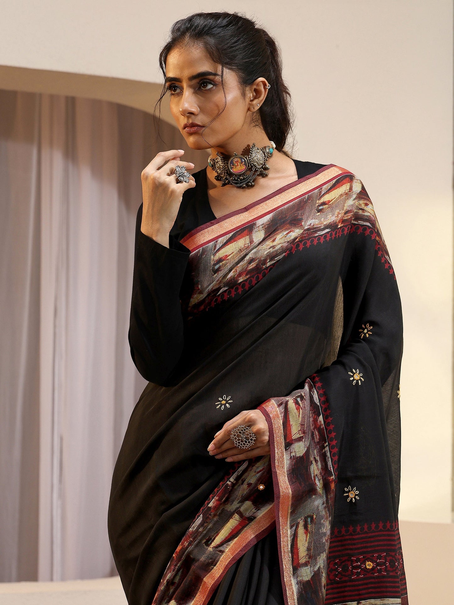 Libas Black Abstract Art Print Silk Blend Saree