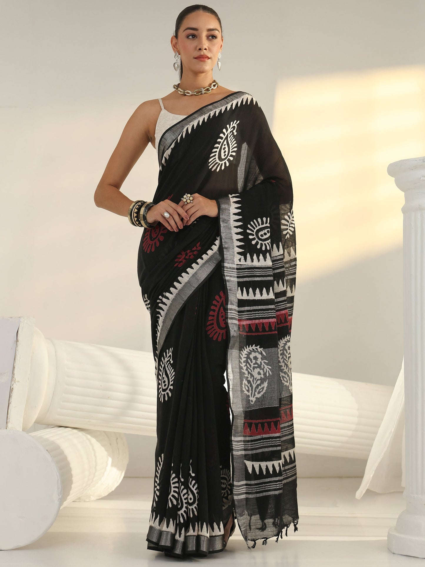 Libas Black Block Print Cotton Saree