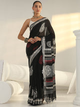 Libas Black Block Print Cotton Saree