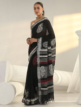 Libas Black Block Print Cotton Saree