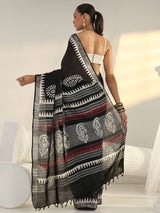 Libas Black Block Print Cotton Saree
