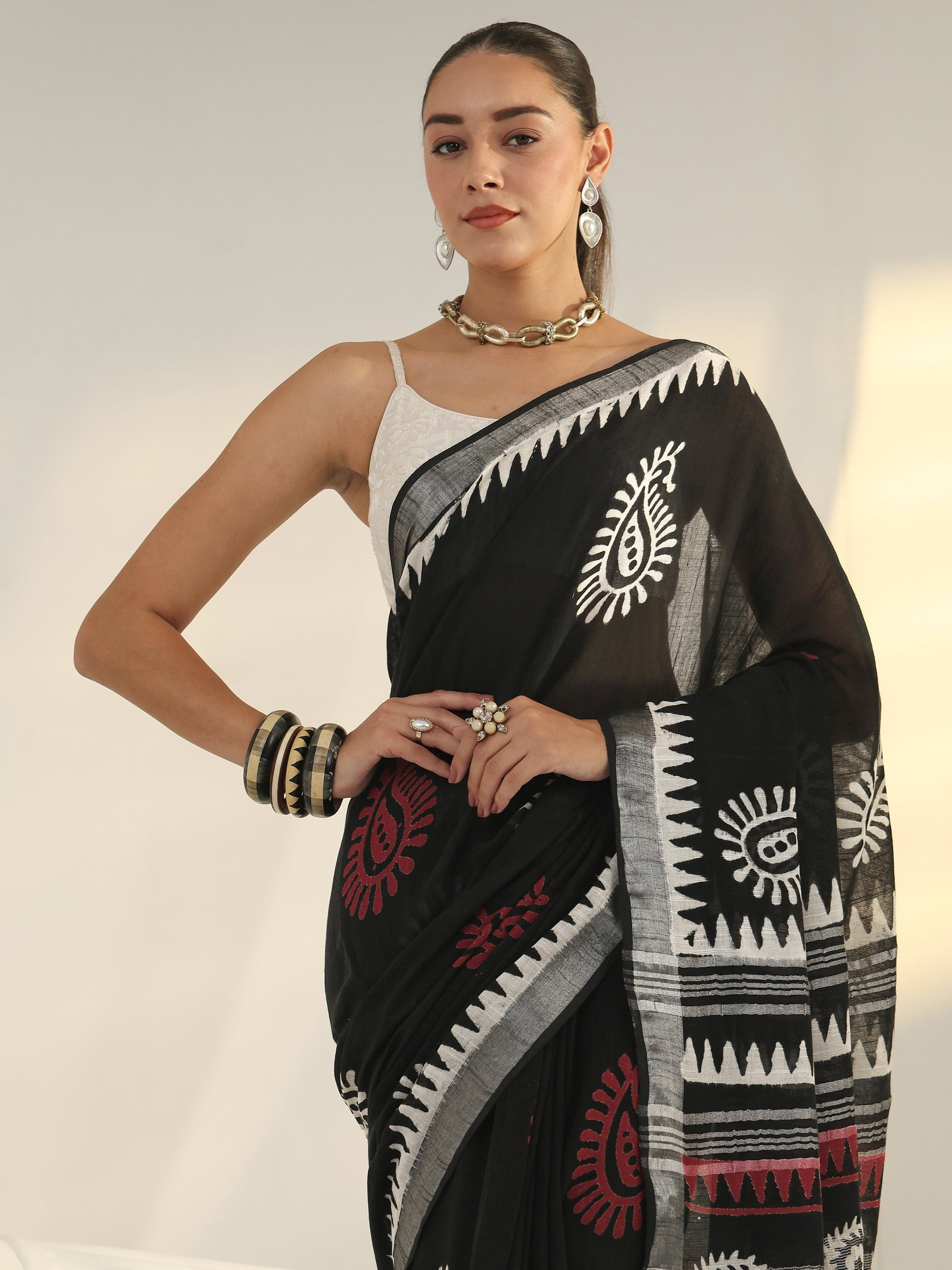 Libas Black Block Print Cotton Saree