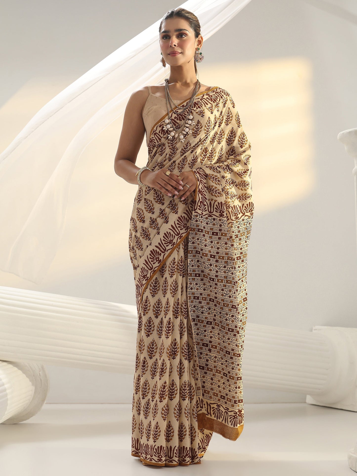 Libas Beige Block Print Cotton Saree