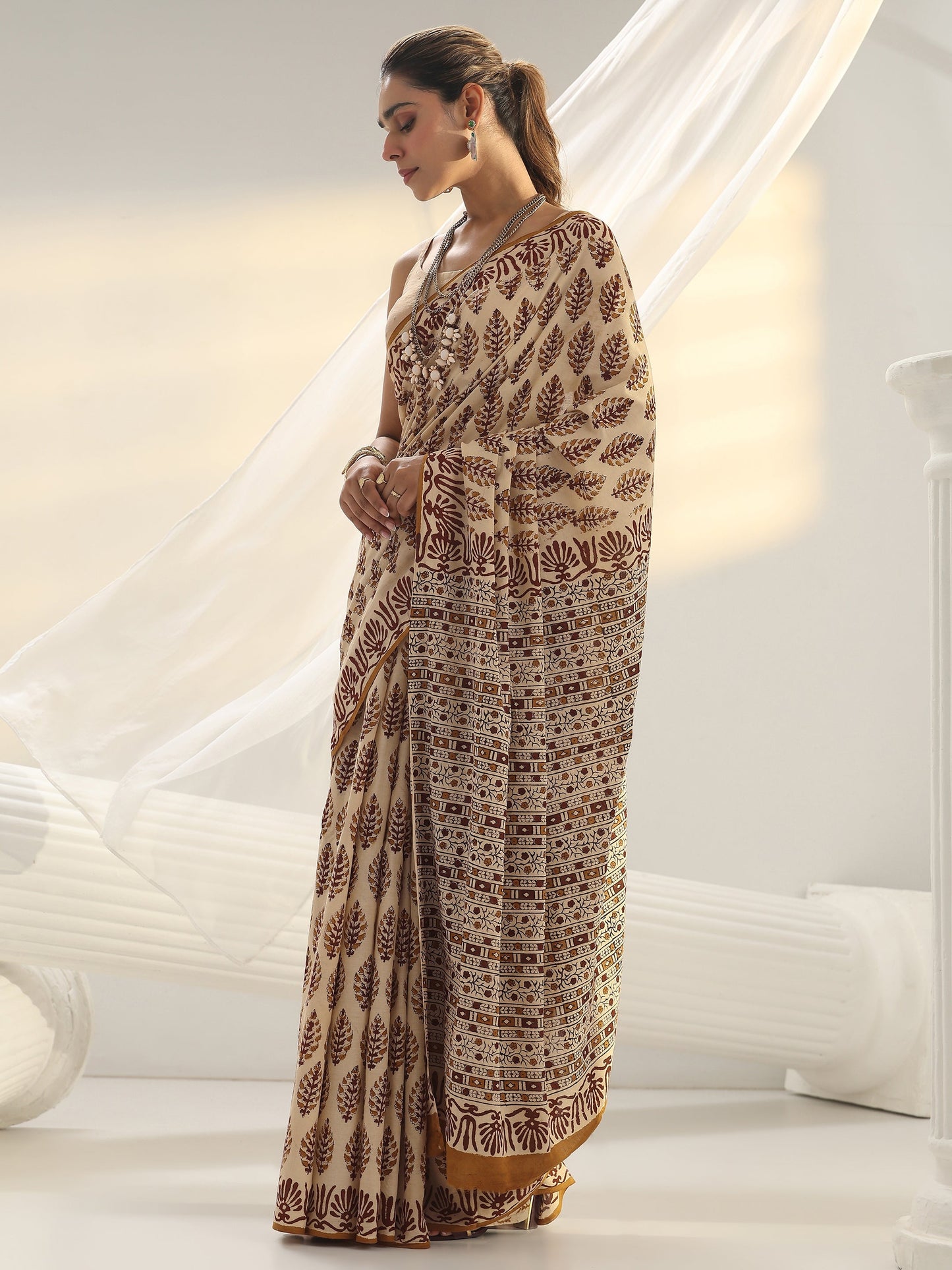 Libas Beige Block Print Cotton Saree
