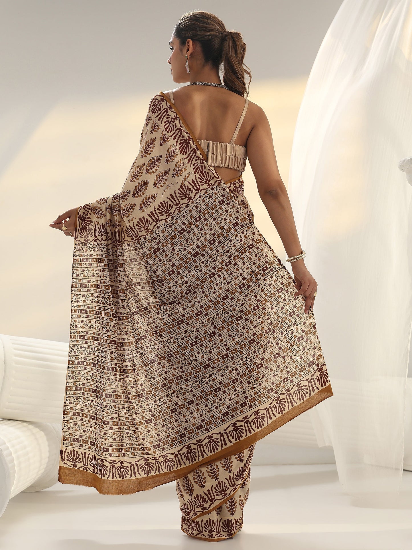 Libas Beige Block Print Cotton Saree