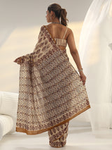 Libas Beige Block Print Cotton Saree