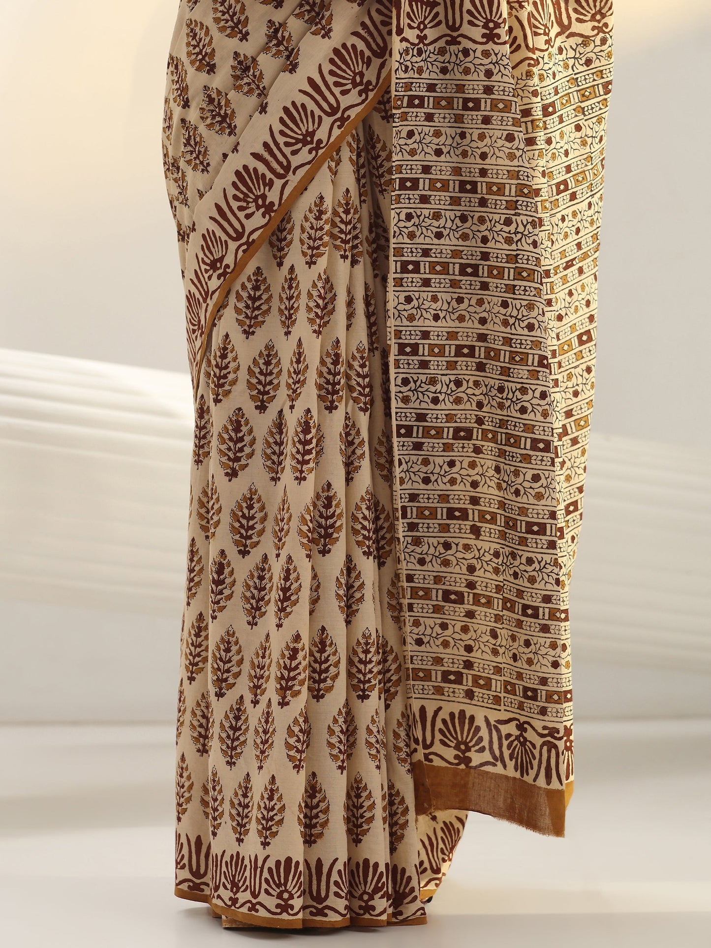 Libas Beige Block Print Cotton Saree