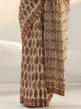 Libas Beige Block Print Cotton Saree