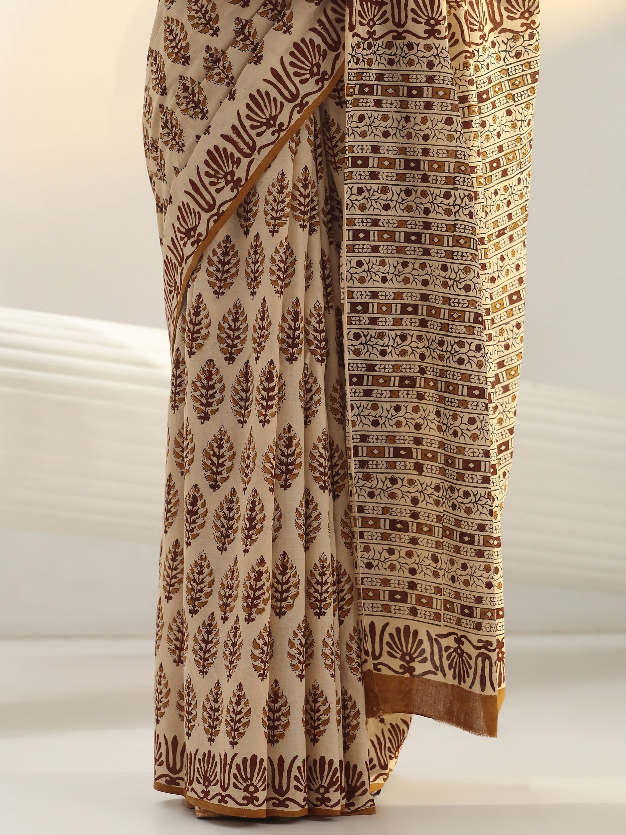 Libas Beige Block Print Cotton Saree