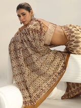 Libas Beige Block Print Cotton Saree