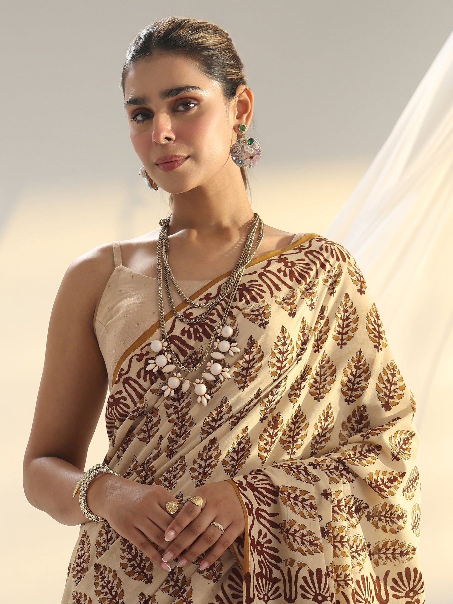 Libas Beige Block Print Cotton Saree