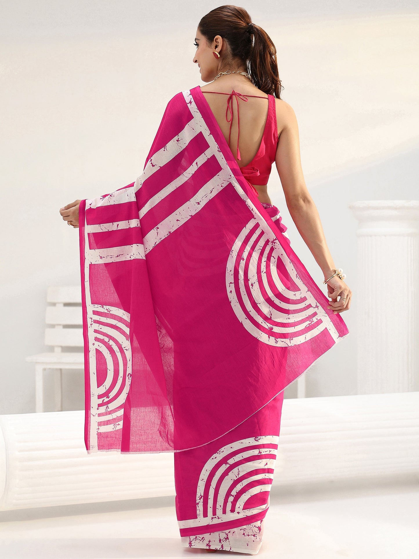 Libas Pink Abstract Batik Printed Cotton Saree