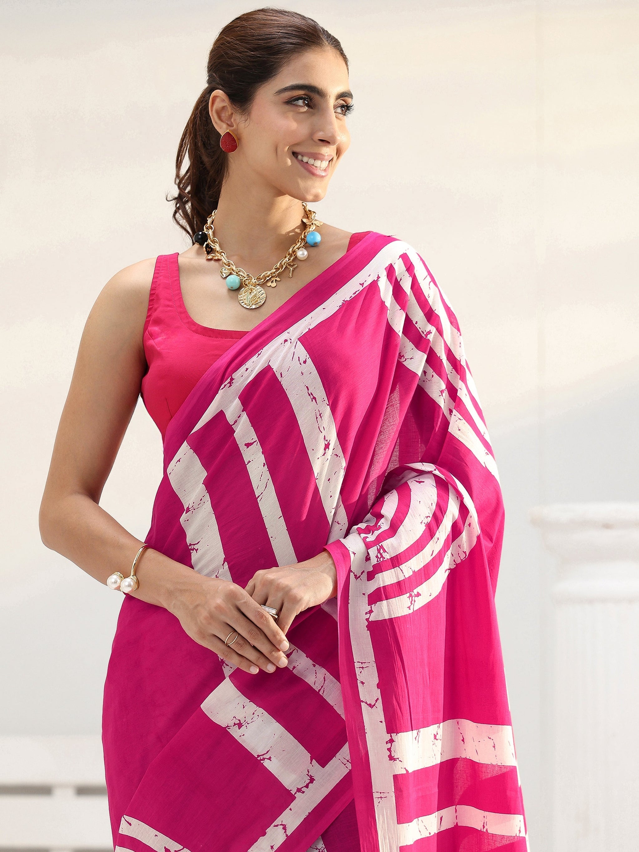 Libas Pink Abstract Batik Printed Cotton Saree