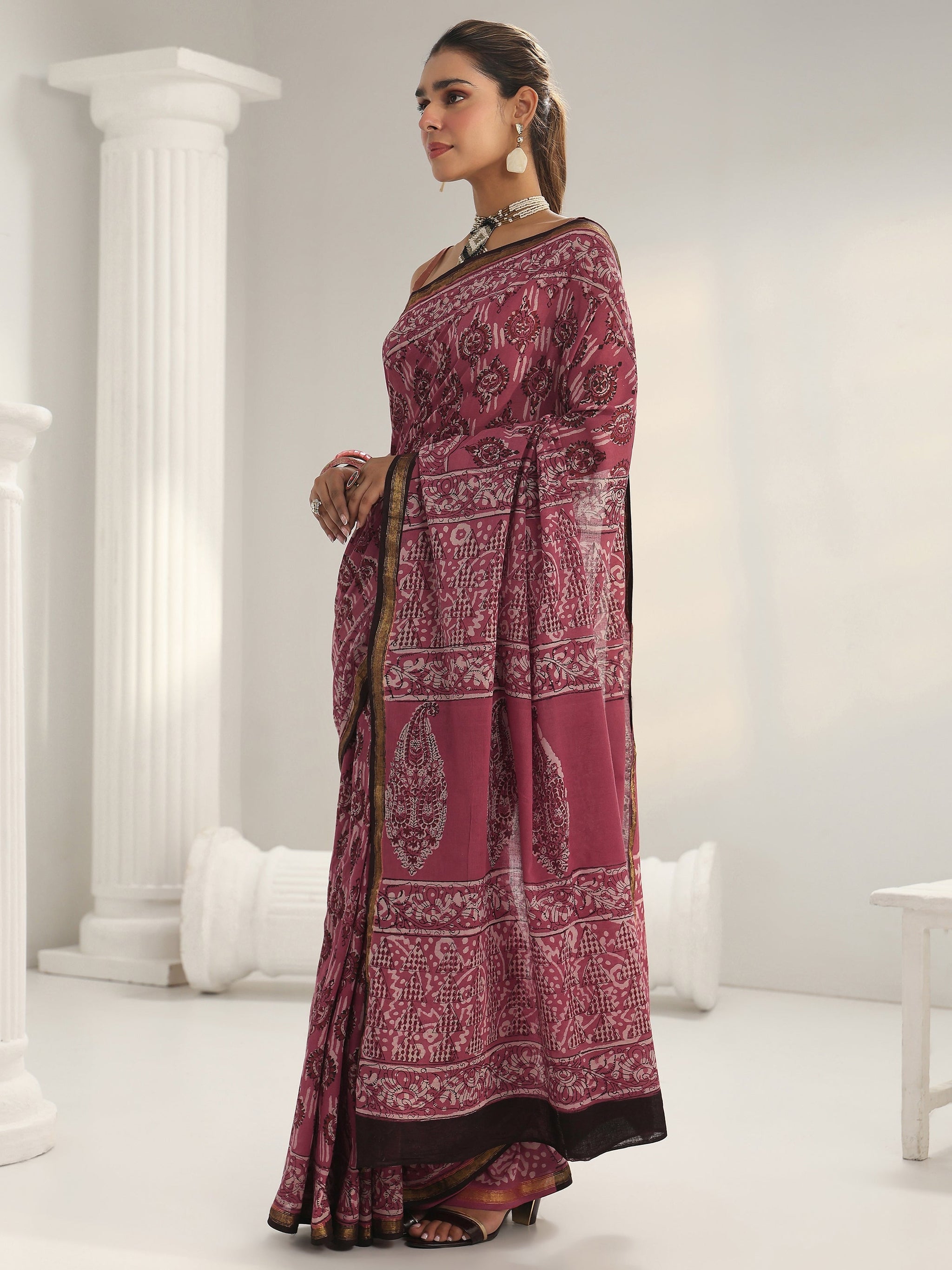 Libas Pink Dabu Print Cotton Saree
