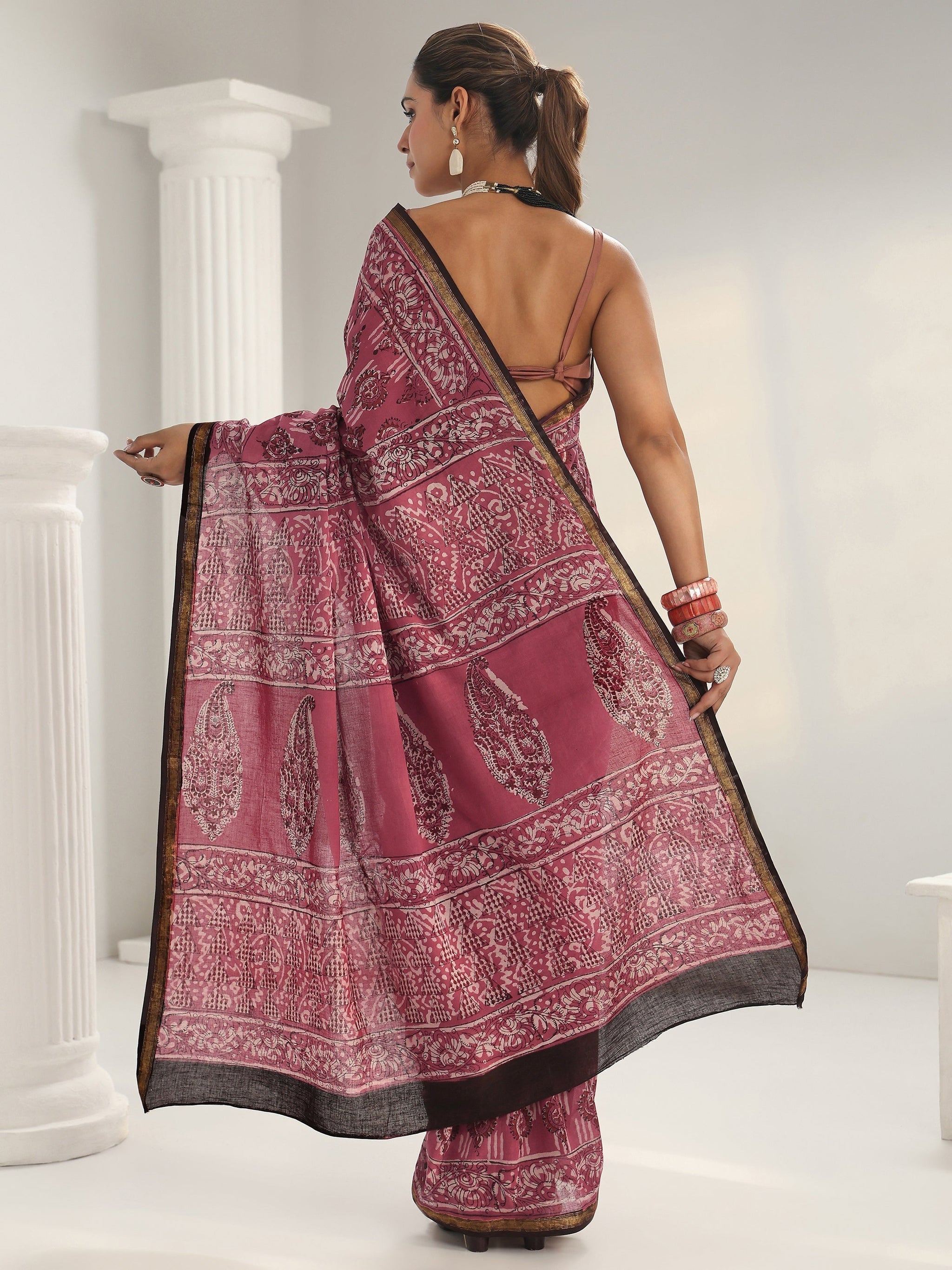 Libas Pink Dabu Print Cotton Saree