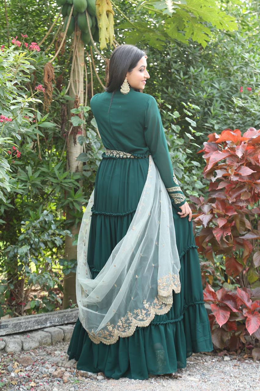 Dupatta-Adorned Green Gown with Ruffles