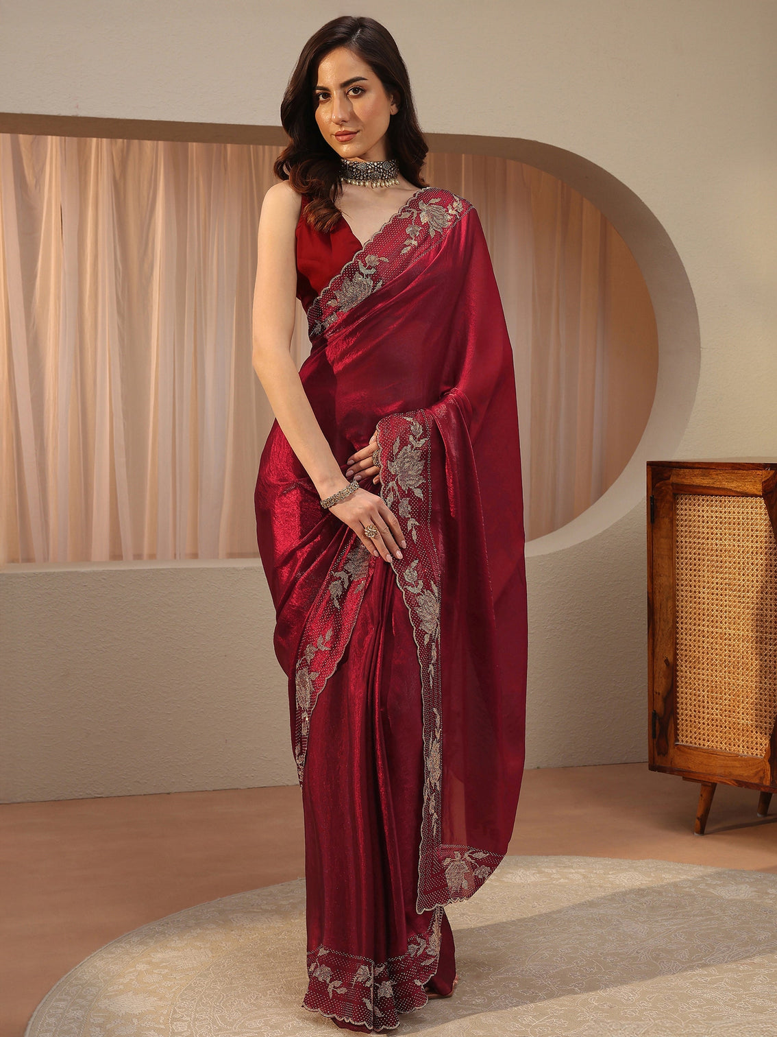 Mameraa Art Maroon Tissue Saree With Embellished Border