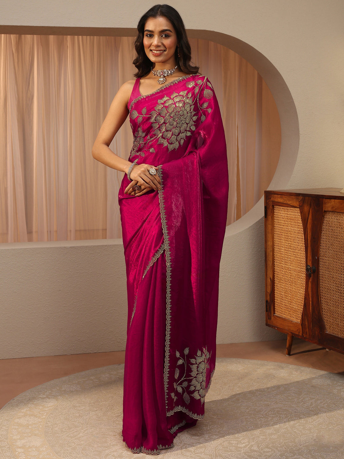 Mameraa Pink Floral Embellished Tissue Saree