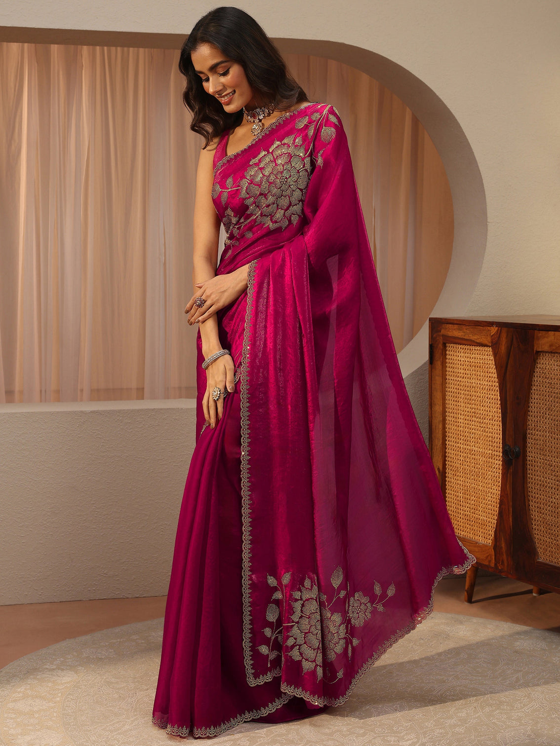Mameraa Pink Floral Embellished Tissue Saree