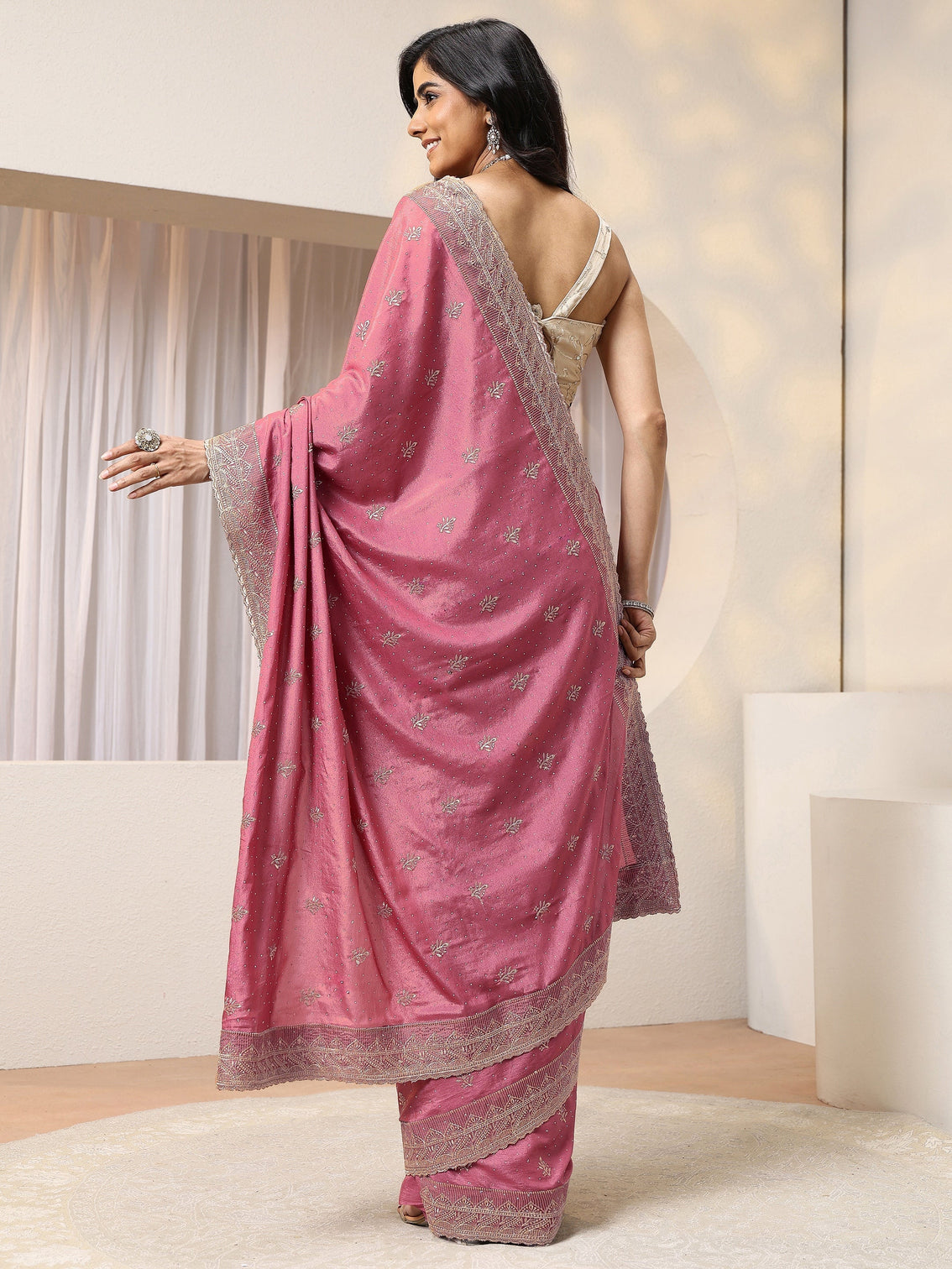 Mameraa Dusty Pink Satin Saree With Embellished Border